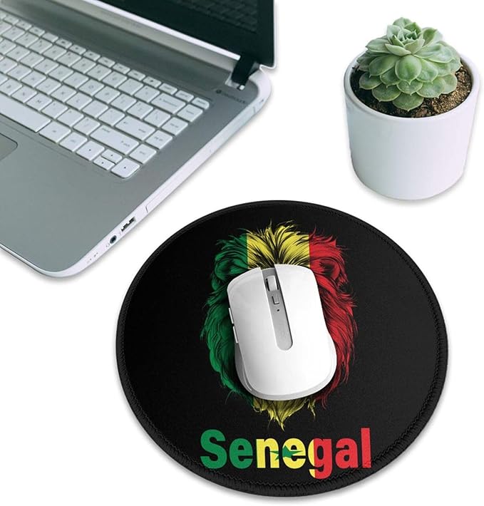 Lion Funny Senegal Flag Round Mouse Pad Small 8 Inch Anti-Slip Portable Office Decor Desk Accessories for Men Women Funny Gift