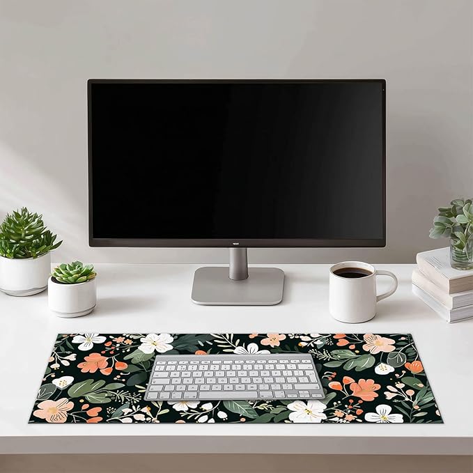 Large Floral Mouse Pad 31.5 x 11.8 in Extended Desk Mat Non Slip Waterproof Keyboard Mousepad with Botanical Blossom Design for Office Home Gaming