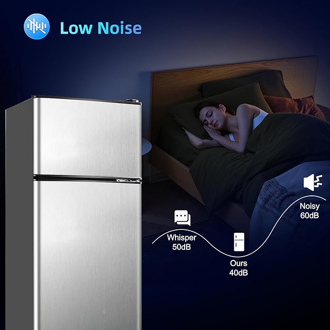 Mini Fridge with Freezer, 4.0 Cu. Ft. Double-Door Mini Refrigerator with 7-Level Adjustable Thermostat & Adjustable Glass Shelves, Compact Dorm Fridge 37 dB Low Noise for Bedroom, Apartment, Silver