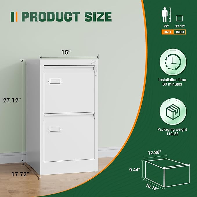 Letaya 2 Drawer File Cabinet with Lock,Metal Office Small Filing Cabinets for Home Office- Storage A4/F4/Letter/Legal -Assembly Required (White)