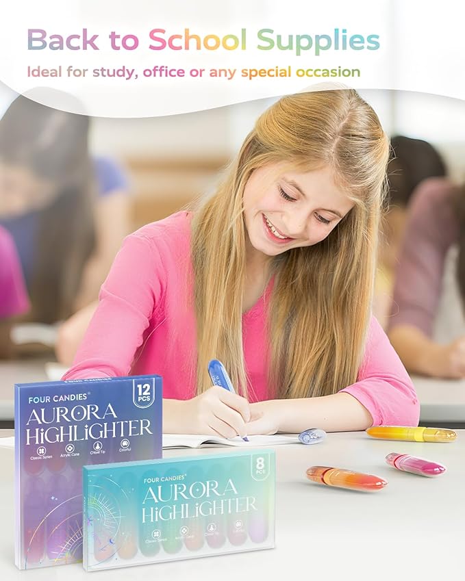 Four Candies 8 Pcs Highlighters Assorted Colors, Cute Pastel Highlighter Set, Quick-Dry, Soft Chisel Tip, No Bleed Bible Highlighter, Aesthetic Highlighters for School, Christmas