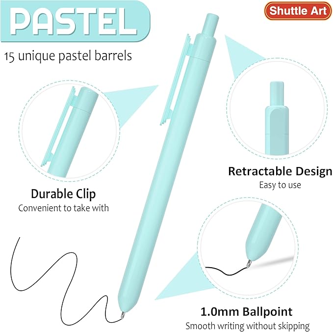 Shuttle Art Ballpoint Pens, 15 Pack Pastel Retractable Black Ink Ball Point Pens, Cute Pens 1.0mm Medium Point Quick Drying for Writing Journaling Taking Notes School Office Home