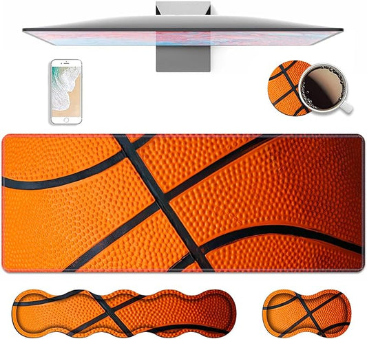 4 in 1 Ergonomic Keyboard Wrist Rest & Mouse Pad Wrist Rest Set, Large XXL Gaming Desk Mat 31.5"x 11.8" with Non-Slip Base, Memory Foam for Home Office Study Gaming, Basketball Surface