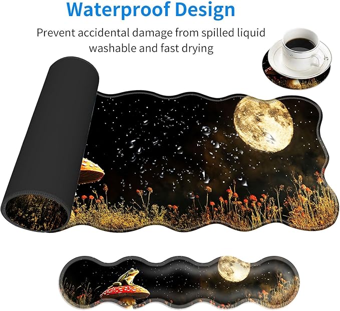 Large Mouse Pad and Keyboard Wrist Rest, Desk Pad for Keyboard and Mouse, 4-in-1 Large Gaming Mouse Pad with Wrist Support, Desk Mat for Home Office Study Game-Cute Frog on Mushroom Moon