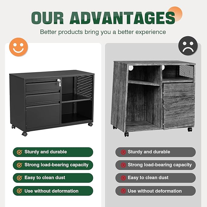 Letaya Mobile 3 Drawer File Cabinet with Lock-Metal Lateral Rolling Printer Stand Filing Cabinets for Home Office-Storage A4/F4/Letter (Black)