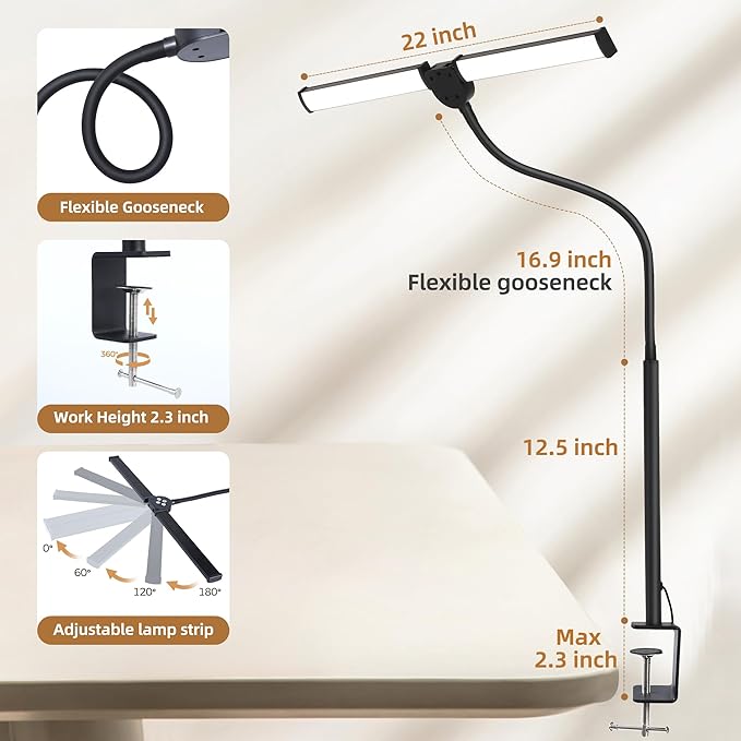 Led Desk Lamp for Home Office, Eye-Care Architect Light with Clamp, Smart Double Head Computer Monitor Table Clip Lamp, Adjustable Flexible Gooseneck, 25 Lighting Models, Task lamp, Black