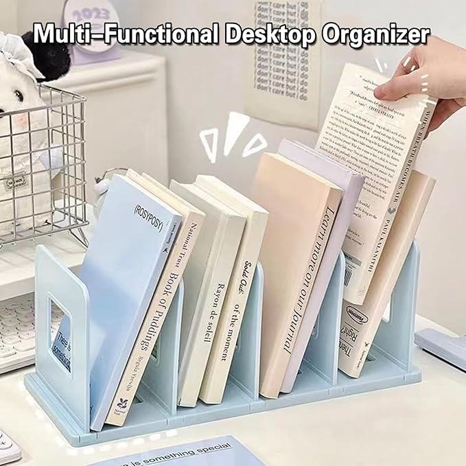 Lemical 4 Section Divider File Folder Holder Desk Book Organizer Desktop Bookshelf File Organizer Portable Plastic Kitchen Under Sink Organizer Pot Rack Handbag Sorter (Blue)