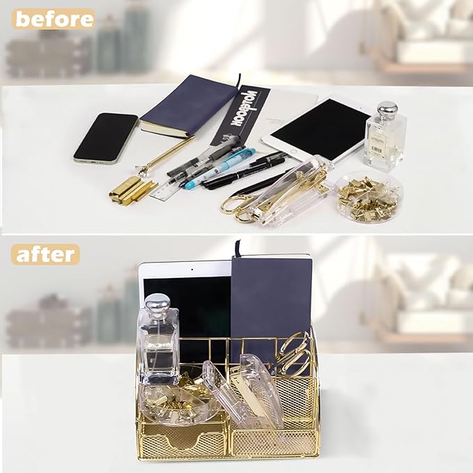 Office Desk Organizers, Gold 13PCS Office Supplies and Accessories Desk organizer, Acrylic Stapler, Staple Remover, Clips, Scissor, Phone Holder, Pen, Pen Holder