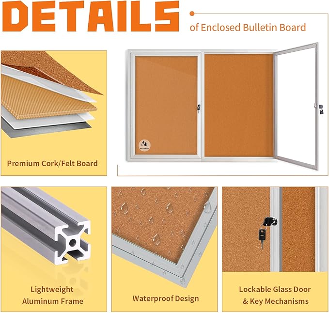 Lockable Outdoor Enclosed Bulletin Board, Weatherproof Cork Noticeboard with Locking Door, Wall-Mounted Aluminum Framed Display Case for Messages (Silver Frame & Cork, 44x32 in)