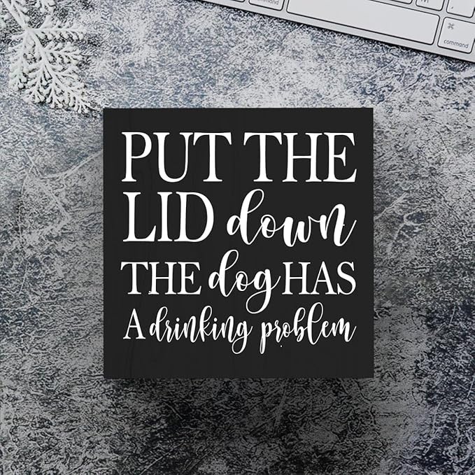 mmiishe Put the Lid Down the Dog Has a Drinking Problem Wooden Box Sign Decorative Funny Bathroom Wood Box Sign Home Decor Rustic Farmhouse Square Desk Decor Sign for Shelf 5 x 5 Inches-503