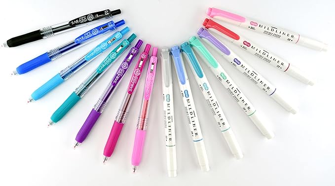 Zebra Pen Journaling Set, 14-Pack Assorted Colors, Includes 7 Mildliner Highlighters and 7 Sarasa Clip Gel Pens, Ideal for Journals, Planners, and Note-Taking (10014)