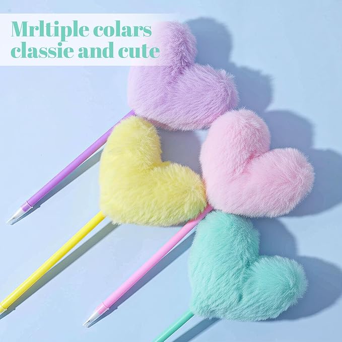 4 Pcs Pom Pom Ballpoint Pen, Cute Heart Shape Puffy Pens Fluffy Pen for Girls Women, Colorful Fluffy Ballpoint Pens for School, Office, Classroom Supplies