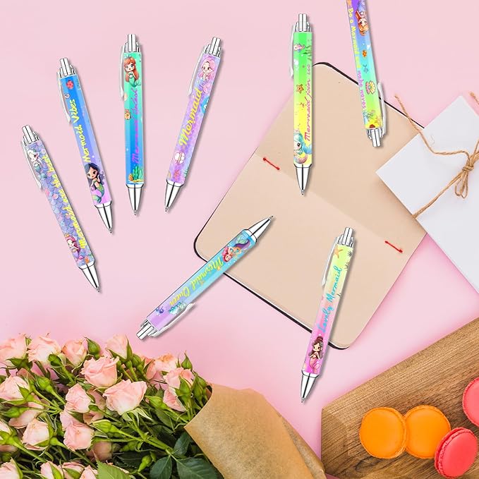 Mermaid Pens for Girls – Cute Mermaid-Themed Ballpoint Pen Set for Kids, Teens, and Ocean Lovers – Fun Stationery Gift for School, Journaling, Thanksgiving Christmas New Year Gifts – 8 Pack