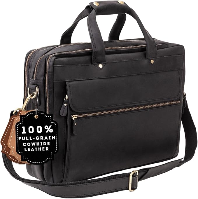 Luxorro Full Grain Leather Briefcase for Men, Top Choice Gifts for Men, Handcrafted Leather Laptop Bag with Multiple Compartments and Brass Hardware, Fits 15.6 Inch Laptop