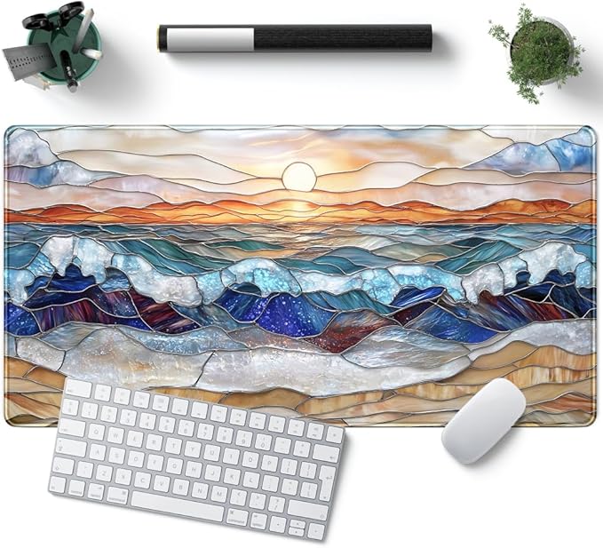 Mountain Sunrise Gaming Mouse Pad Large Desk Mat Extended Mouse and Keyboard Pad, Faux Stained Glass Nature Mousepad with Stitched Edge Mouse Desk Pad Computer Mat Soft Aesthetic Decor 31.5 X 15.7 in