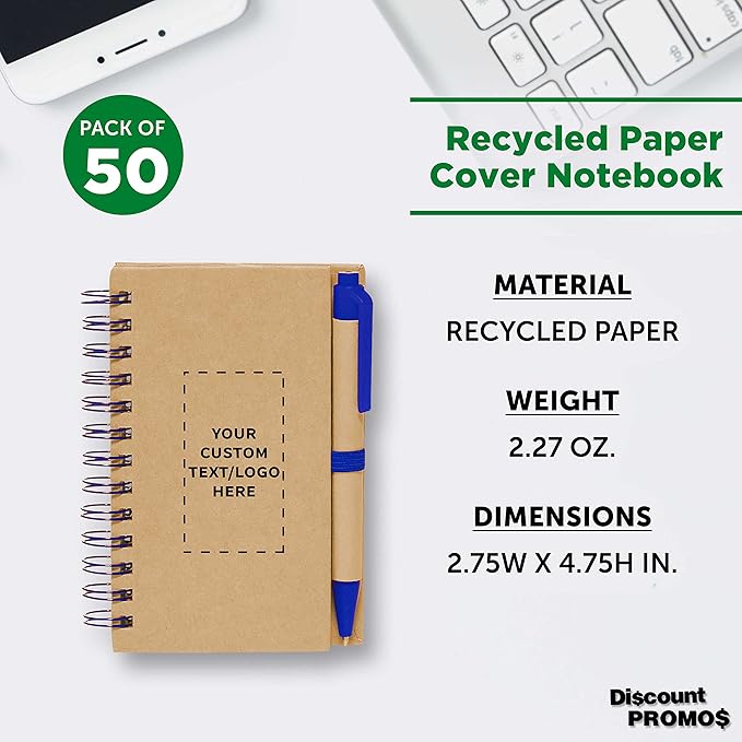 Custom Mini Spiral Notebooks with Black Ink Pens Set of 50, Personalized Bulk Pack - Perfect for School, Office, Business, Home - Blue