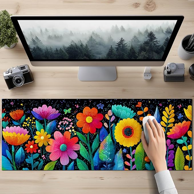 Large Mouse Pad 31.5 x 11.8 Inch Colorful Floral Desk Mat Extended Keyboard Mousepad Non Slip Waterproof Desk Pad Vibrant Flowers Design for Office Home Gaming