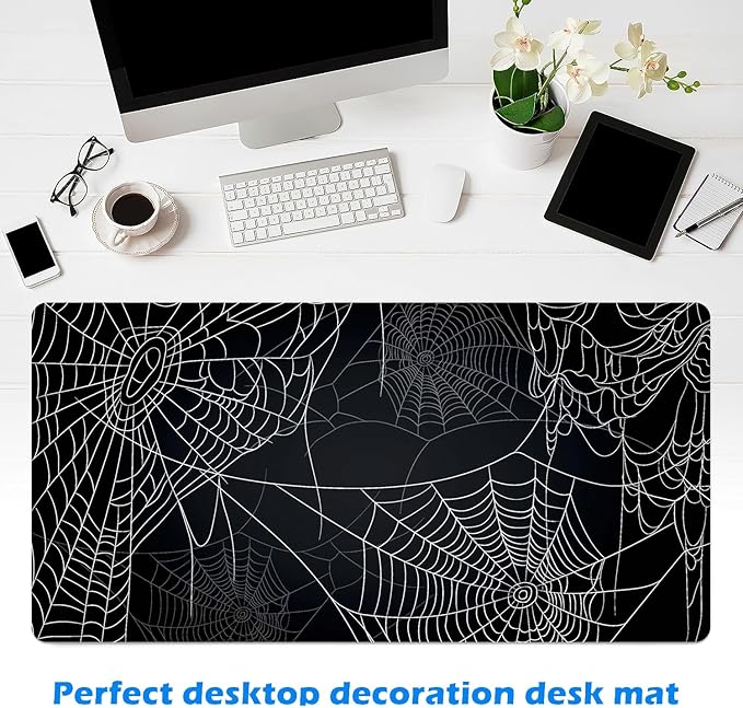 MAYCARI Halloween Cute Spider Webs Mouse Pad Kawaii Cartoon Funny Spirit Extended Desk Mat Non-Slip Rubber Baseb Large Black White Mousepad for Desk Gaming Laptop Desktop 31.5"X15.7"