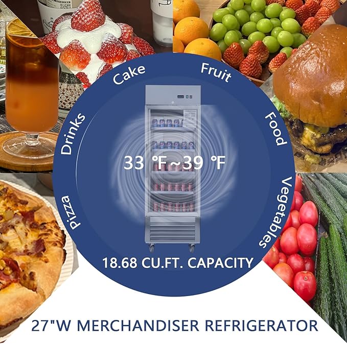 Merax Merex Commercial Refrigerator 27" W 1 Glass Door Stainless Steel Interior and Exterior Construction Upright Fan Cooling Reach-in Merchandising 18.68 Cu.ft, Silver