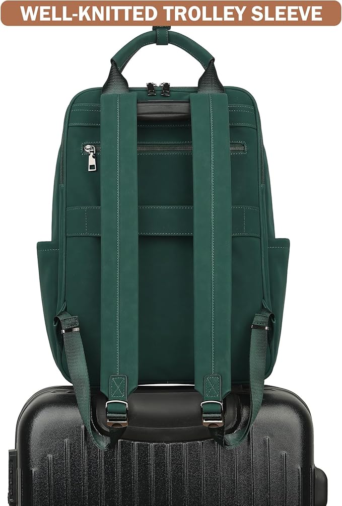 MASINTOR Leather Laptop Backpack for Women, Stylish Computer Backpack College Business Work Shoulder Bags Work and Travel Retro Green