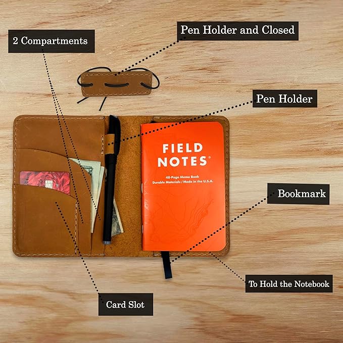 Leather Cover for Field Notes, Passport Cover, Leather Notebook Cover for 3.5" x 5.5" with Pen Holder, Only Cover (Honey)