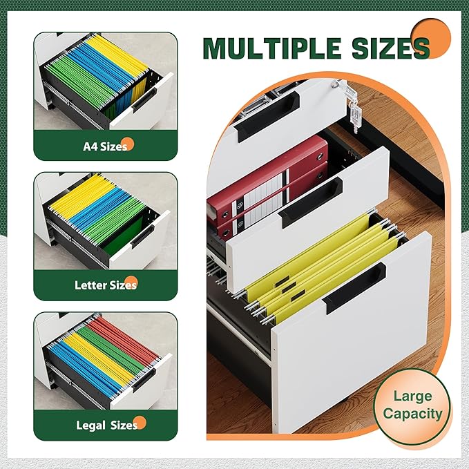 Letaya 3 Drawer Mobile File Cabinet with Lock,Under Desk Metal Small Filing Cabinets for Home Office Organizer Letters/Legal/A4(Fully Assembled Except Wheels-White)