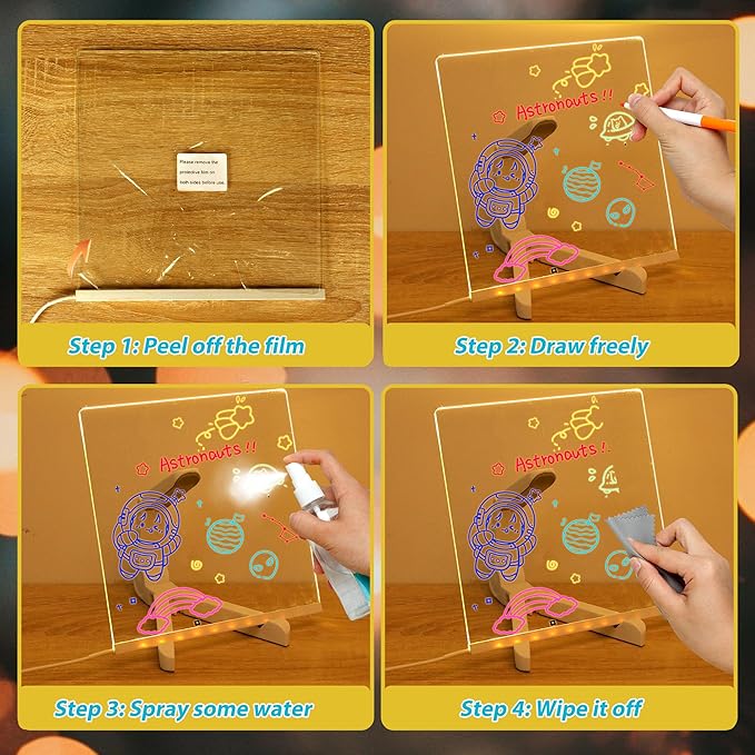 LED Note Board with Colors,LED Drawing Pad with 7 Color Pen,Light Up Acrylic Message Board with Adjustable Stand,Acrylic Dry Erase Board with Light for Office School Home,Gift for Kids(6"x6")