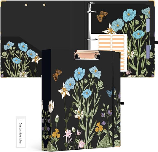 Ospelelf 3 Ring Binder 1.5 Inch, Floral Round Ring Clipboard Binder with 5 Tab Dividers for Letter Size Documents, for School and Office Supplies, Moonlit Blossoms