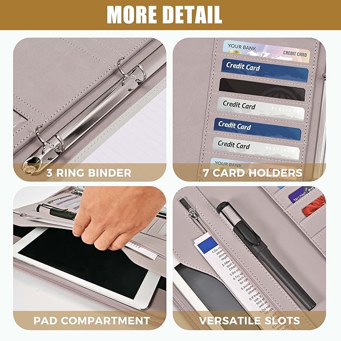 Padfolio Portfolio Folder Binder-Organizer Planner Notebook Zippered Portfolio Padfolio for Women & Men with Document Sleeve,Letter/A4 Size Clipboard,Business Card Holders (Brown Leaf)