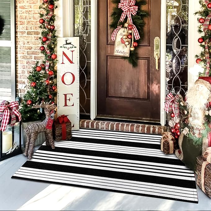 OJIA Cotton Black and White Striped Rug 2x4 Hand-Woven Indoor/Outdoor Area Rug Layered Door Mats for Front Porch/Entryway/Laundry Room/Bedroom/Outdoor