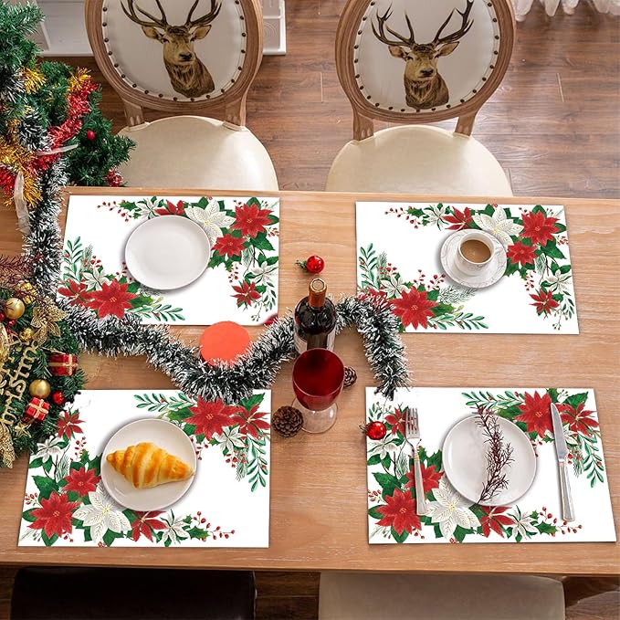 50 Pack Christmas Velvet Poinsettia Paper Placemats,16x 11 Inch Red Poinsettia Flower Disposable Placemat Seasonal Winter Poinsettia Golden Tablemats for Kitchen Dining Christmas Party Supplies