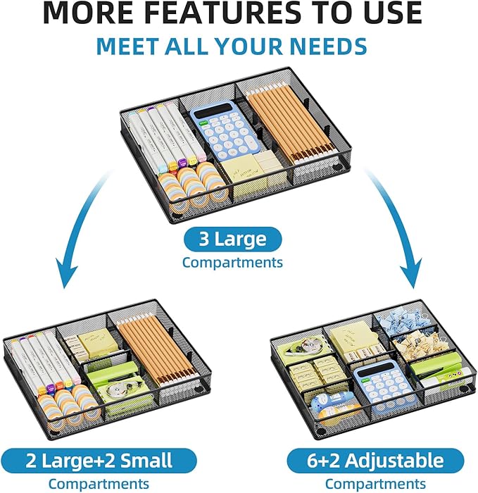 Marbrasse 2Pack Desk Drawer Organizer, Metal Mesh Drawer Organizer Tray with 5 Adjustable Compartments,Desk Organizers and Accessories for Home,Office,Kitchen,Makeup,Vanity (Black)