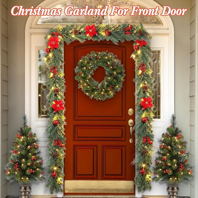 LinTimes 6ft Christmas Garland with Lights, Battery Operated Garland Christmas Decoration with Red Poinsettia Pinecones Ball Ornaments, Christmas Mantle Decorations Staircase Fireplace Decor