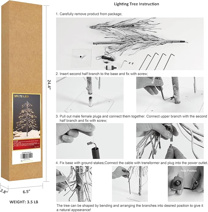 LIGHTSHARE 3 ft. Snowy Fir Tree, 72 LED Lights, for Indoor and Outdoor Use, Warm White, for Home Festival Party Christmas (3FT)