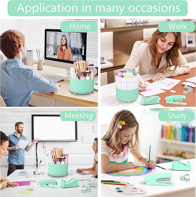 Green Office Supplies, Teal Desk Accessories 360°Pen Holder Desk Organizers and Accessories with Tape Dispenser, Stapler, Staple Remover, 1000 Staples, Tape, Clips Set, Ruler, Scissor, Pen