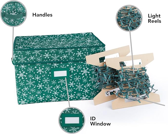 Covermates Keepsakes Christmas Light Storage Box - Carrying Handles, Sturdy Interior Walls - Holiday Storage, Green Snowflake