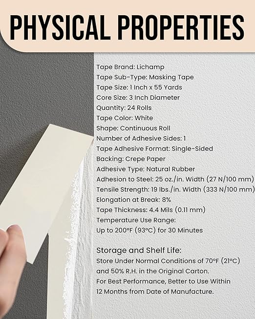 Lichamp Masking Tape 1 inch, 24 Pack General Purpose Beige Masking Tape White Masking Paper, 1 inch x 55 Yards x 24 Rolls (1320 Total Yards)