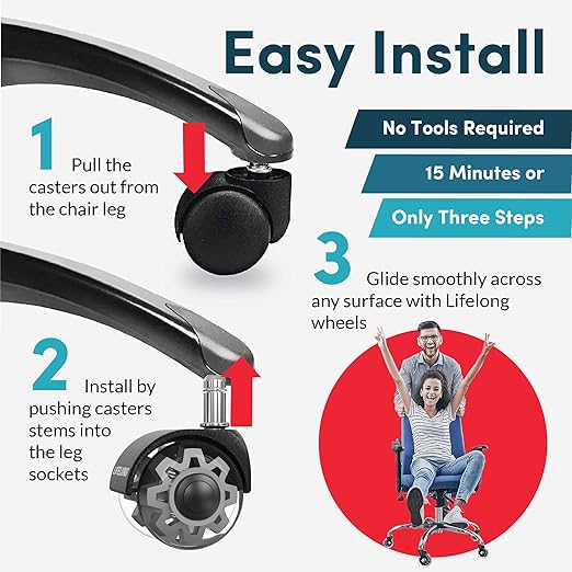 Lifelong Office Chair Wheels Replacement Rubber Chair Casters for Hardwood Floors and Carpet, Set of 5, Heavy Duty Casters for Chairs to Replace Office Chair Mats - 2 Inch Universal Fits 98%