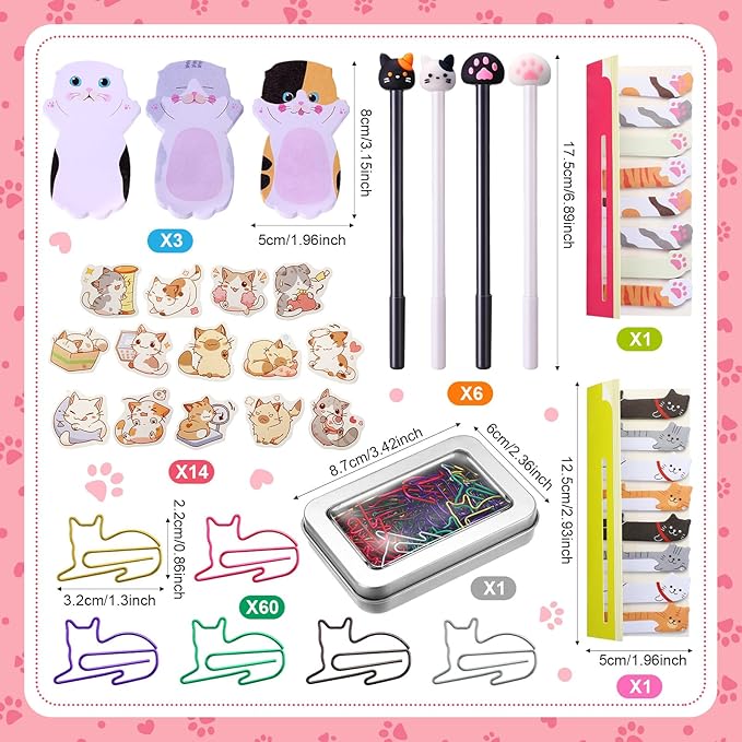 Outus Cat Office Supplies Cute Sticky Notes Paper Clips Gel Ink Pens Cartoon Stickers Party Favor for Cat Lovers Stationery School Office Supplies Desk Accessories(Funny Style)