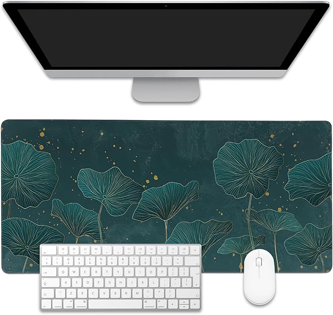 Mouse Pad,Lotus Leaves in Gold Line Desk Mat for Desktop,Desk Pad with Non-Slip Base and Stitched Edge,Extended Mousepad for Office and Home 35.4X15.7 Inch