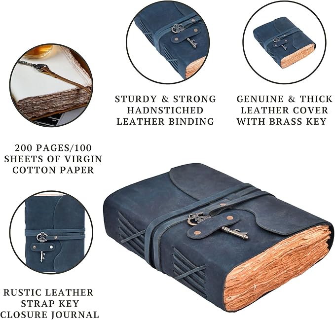 LEATHER VILLAGE Vintage Leather Journal – 200 Handmade Vintage Deckle Edge Paper – Leather bound Journal For Women Men – Vintage Key Closure - Book of Shadows - Blue - 8X6 inches (A5)