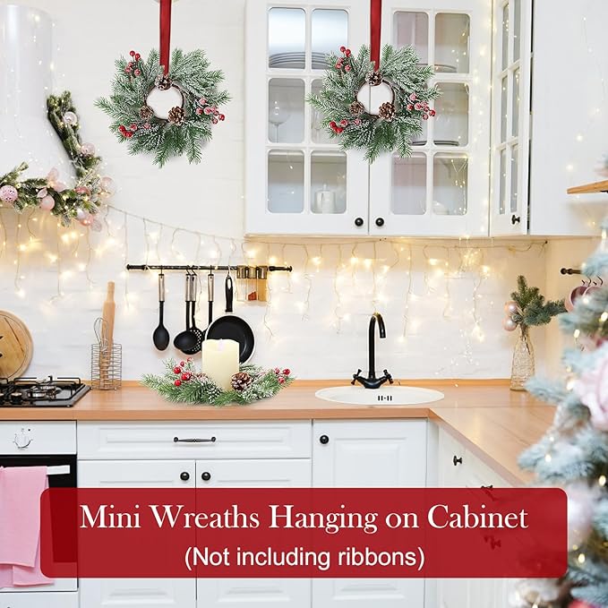 Christmas Candle Rings - Set of 4 Artificial Red Berries and Pinecones Candle Rings 10 Inch Xmas Candle Wreaths for Christmas Thanksgiving Kitchen Window Table Centerpieces