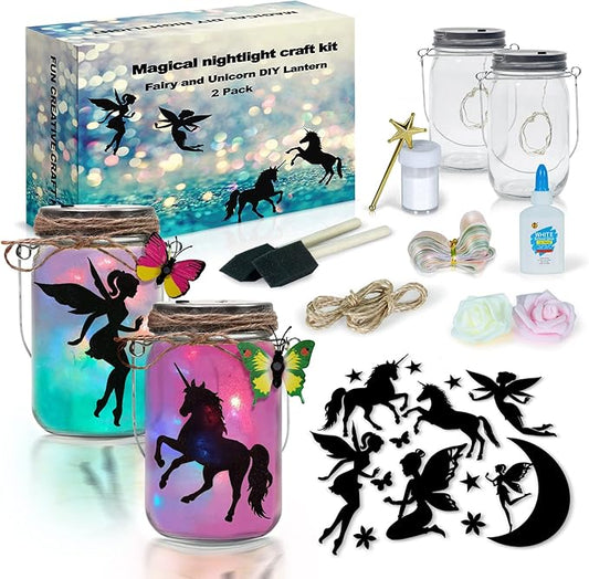 2Pepers DIY Fairy and Unicorn Nightlight Craft Kit (2 Pack), Fairy Lantern Jars Arts and Crafts for Girls, Make Your Own Unicorn Lamp Decor Craft Project, Gifts for Kids