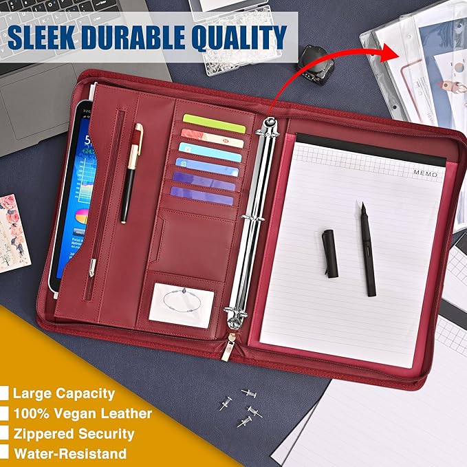 Padfolio Portfolio Folder Binder-Organizer Planner Notebook Zippered Portfolio Padfolio for Women & Men with Document Sleeve,Letter/A4 Size Clipboard,Business Card Holders (Burgundy-3)