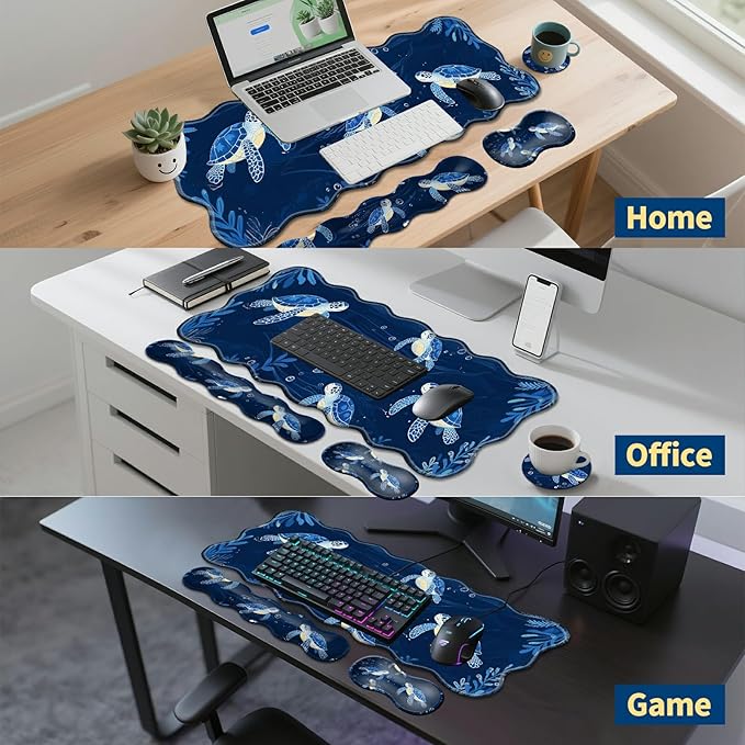 4-Piece XXL Gaming Mouse Pad Set (31.5"x11.8") with Keyboard Wrist Rest,Mouse Wrist Support & Coaster,Ergonomic Non-Slip Desk Mat for Office & Home,Blue Sea Turtle
