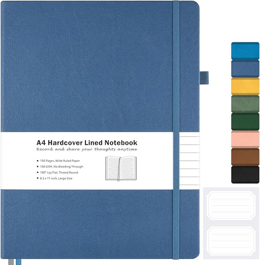Lined Journal Notebook, 8.5" x 11" Hardcover Leather Notebook for Work, Wide Ruled Notebook Journal for Women Men, 192 Thick Paper, Lay Flat, 2 Pockets, A4 Large Journals for Writing, Blue Notebook