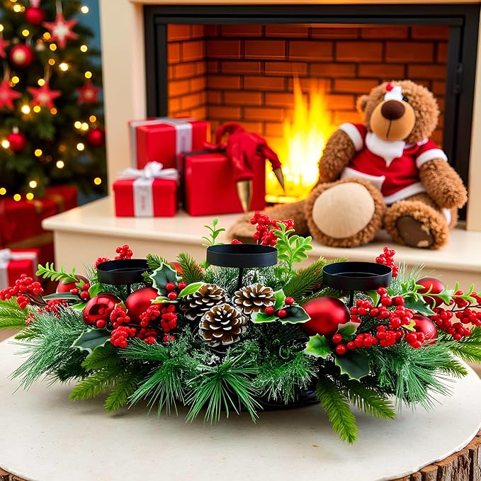 YULETIME 28" Christmas Triple Candelabrum, Holiday Candle Holder with Three Trays, Red Baubles, Natural Pine Cones, Red Berries, Green Leaves Holly, Spruce Branches, Pine Needles