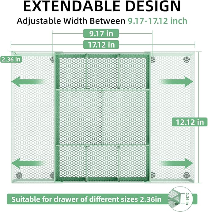 Marbrasse Expandable Desk Drawer Organizer, Mesh Drawer Organizer Tray with 10 Adjustable Compartments, Desk Organizers and Accessories for Office Supplies, Makeup & Vanity (Expandable-Green)
