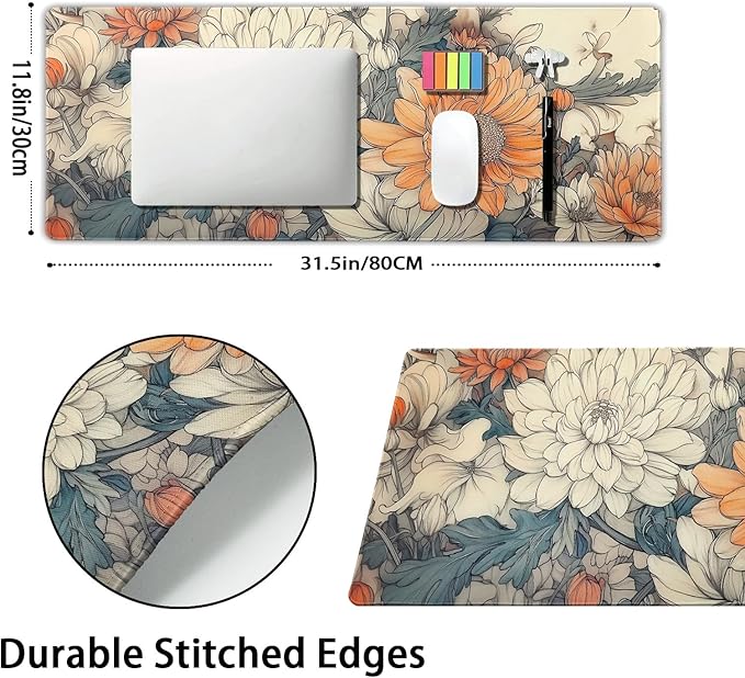 Minimalist Floral Gaming Mouse Pad XL White Orange Aesthetic Flowers Japanese Extended Large Mat Mousepad Desk Pad Non-Slip Rubber Base Stitched Edge Long Keyboard Pad for Computer,31.5×11.8 Inch