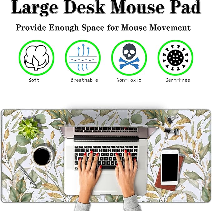 Large Mousepad Green Gold Leaf, Gaming Mousepads Keyboard Mats, Computer Gaming Mouse Pad Non-Slip Rubber Base Waterproof with Stitched Edges, 35.4 X 15.7 inch for Work/Game/Office/Home